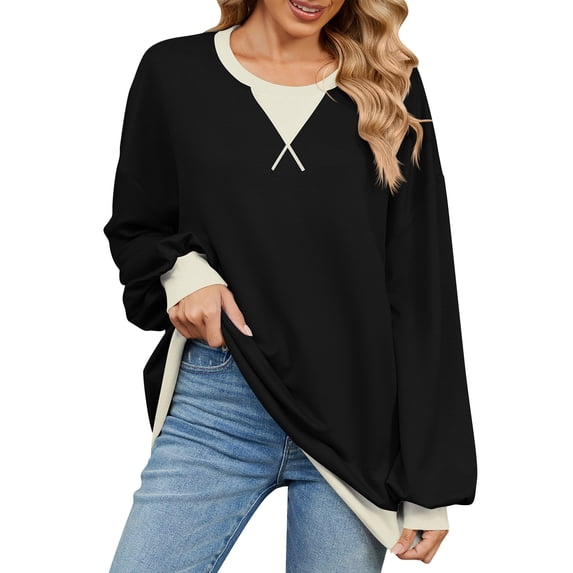 IWEMEK Women Tops Color Block Long Sleeve Sweatshirts Crew Neck Casual Loose Pullover Y2K Black Shirts 2024