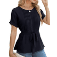 thumbnail image 1 of IWEMEK Women Tops Crewneck Short Roll Sleeve Summer Blouses Elegant Fashion Chic Pleated Solid Black Shirt with Belt, 1 of 6