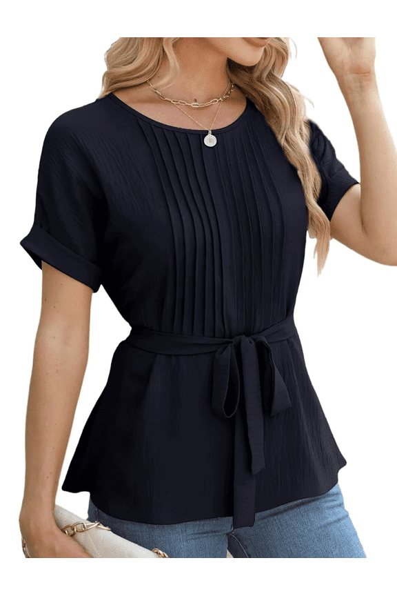 Women Tops Crewneck Short Roll Sleeve Summer Blouses Elegant Fashion Chic Pleated Solid Black Shirt with Belt
