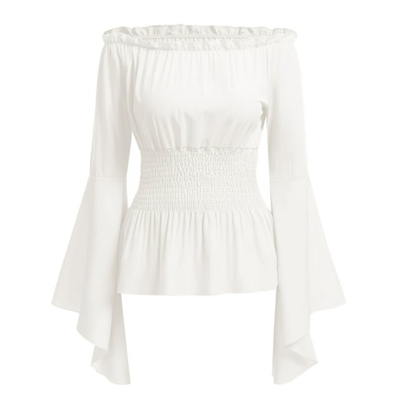 IWEMEK Women Tops Renaissance Shirt Cosplay Pirate Costume Fall Solid White Flowy Top Strapless Elegant Long Sleeve Blouses