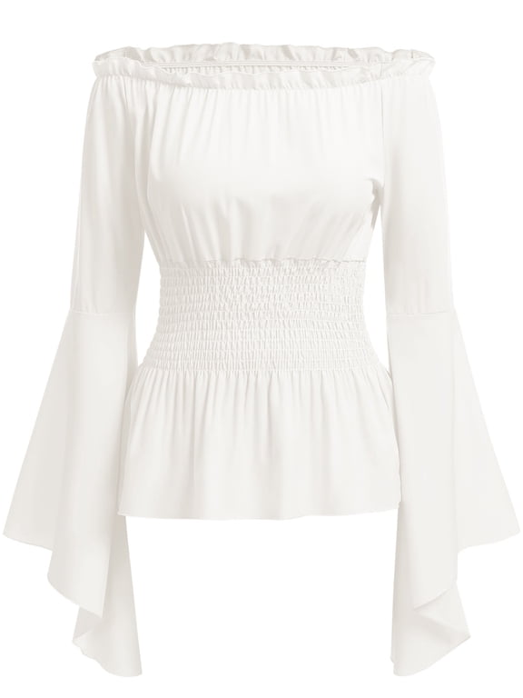 Women Tops Renaissance Shirt Cosplay Pirate Costume Fall Solid White Flowy Top Strapless Elegant Long Sleeve Blouses