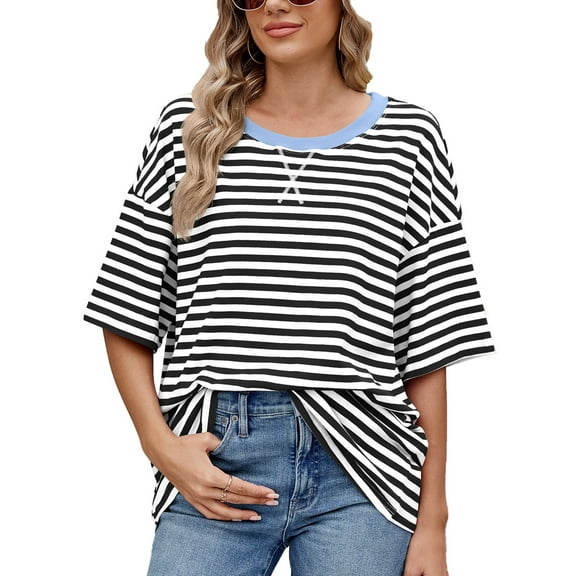 IWEMEK Women Tops Short Sleeve Crew Neck Shirts Comfort Color Block Casual Trendy Tee Summer Striped Tshirt Size L