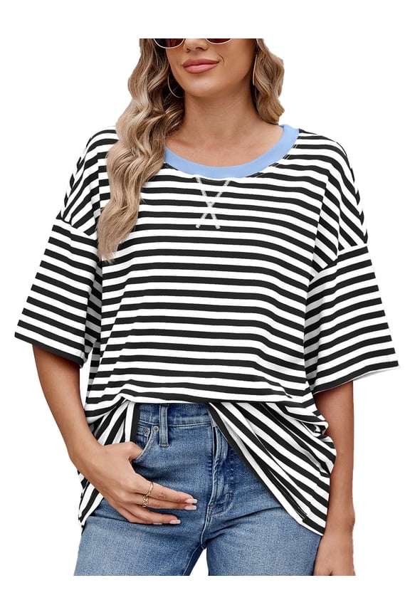 Women Tops Short Sleeve Crew Neck Shirts Comfort Color Block Casual Trendy Tee Summer Striped Tshirt Size XL