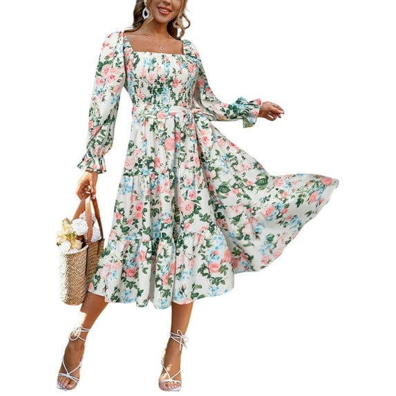IWEMEK Women's Long Sleeve Dress Vacation Beach Boho Fancy Chic Spring Dresses for Ladies Casual Trendy Flowy Sundress