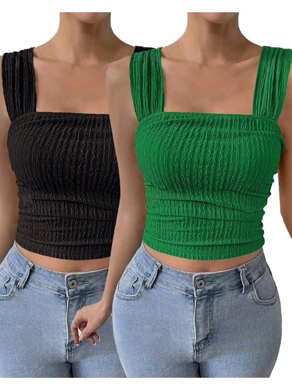 Women's Tank Top 2 Pieces Black/Green Plain Color Slim Fit Tees Jersey Comfy Leisure Sleeveless Top Size XL