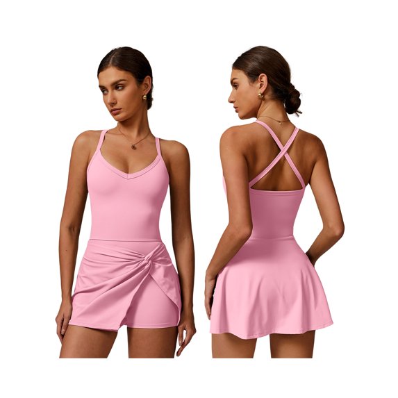 IWEMEK Women's Tennis Dresses Twist Front Split Ruffle Cami Dress with shorts Golf Active Dress