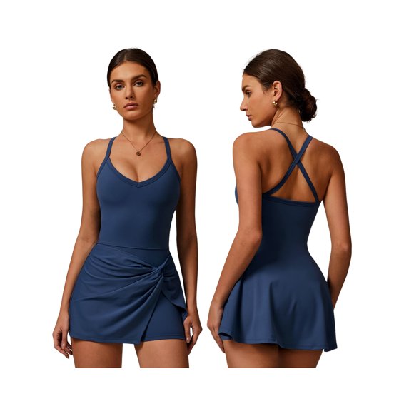 IWEMEK Women's Tennis Dresses Twist Front Split Ruffle Cami Dress with shorts Golf Active Dress