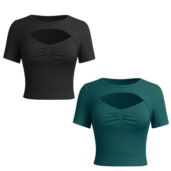 IWEMEK Women's Tops 2 Pieces Basic Shirts Softness Breathable Workout Tees Ribbed Knit Pullover