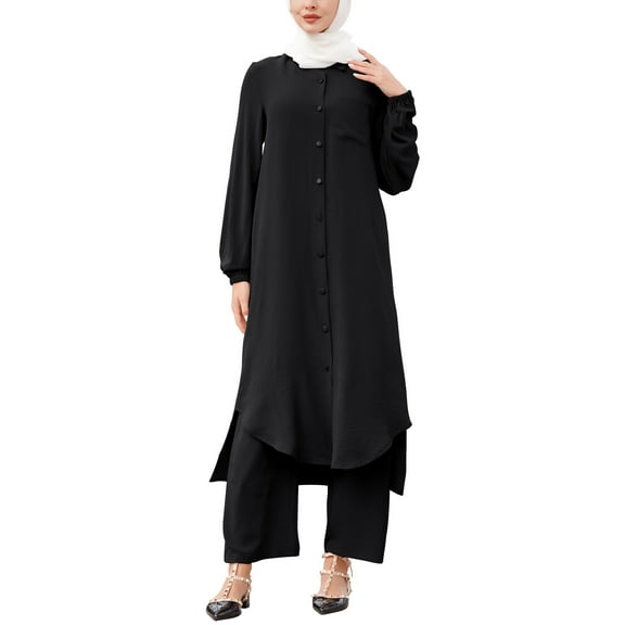 IWEMEK Womens Abaya 2-Piece Set Semi Formal Dubai Kaftan Fall Loose Long Sleeve Black Muslim Robe with Pants for Women