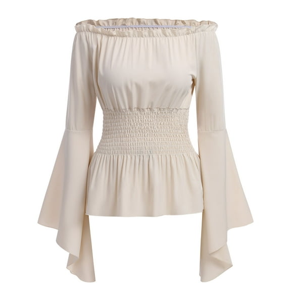 IWEMEK Womens Blouse Off Shoulder Tops for Women Medieval Renaissance Costume Fairy Grooy Comfort Beige Long Sleeve Shirt