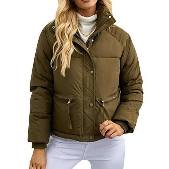IWEMEK Womens Down Jacket Plus Size Winter Coats for Women Casual Trendy Crop Padded Zip-Up Tops Khaki Warm Quilted Coat