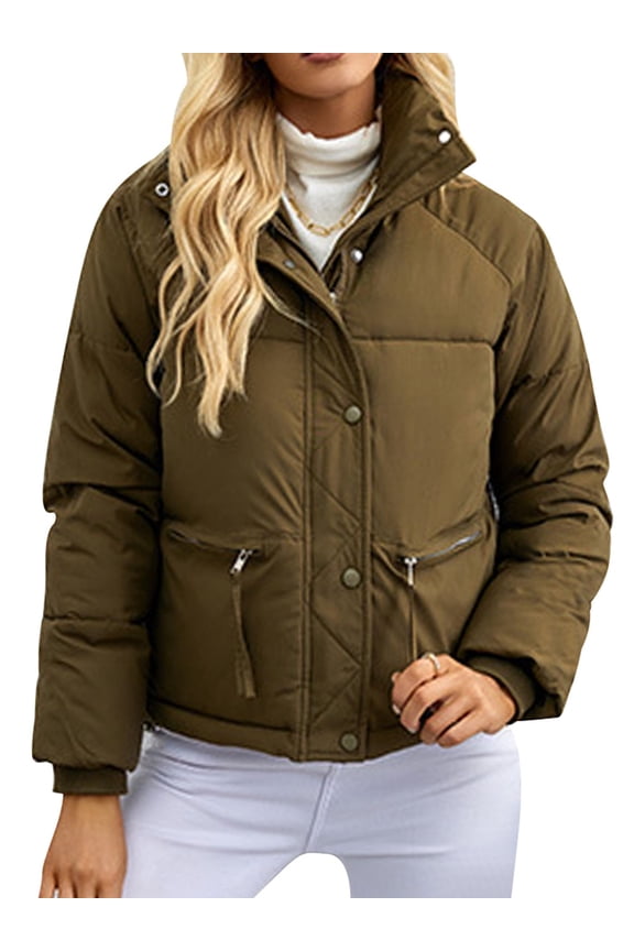 Womens Down Jacket Turtleneck Winter Coats for Women Casual Trendy Crop Padded Zip-Up Tops Khaki Warm Quilted Coat