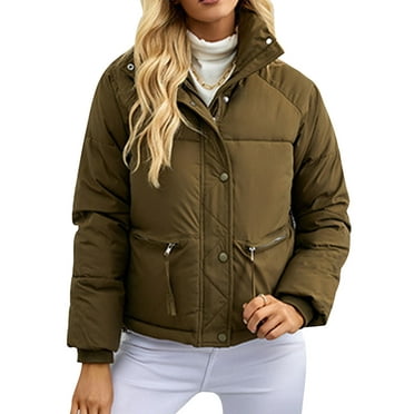 IWEMEK Womens Down Jacket Turtleneck Winter Coats for Women Casual Trendy Crop Padded Zip-Up Tops Khaki Warm Quilted Coat