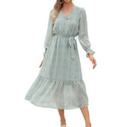 IWEMEK Womens Dress V Neck Poet Sleeve Loose Fitting Comfy Dresses A-line Flower Print Chiffon Flowy Casual Outfit