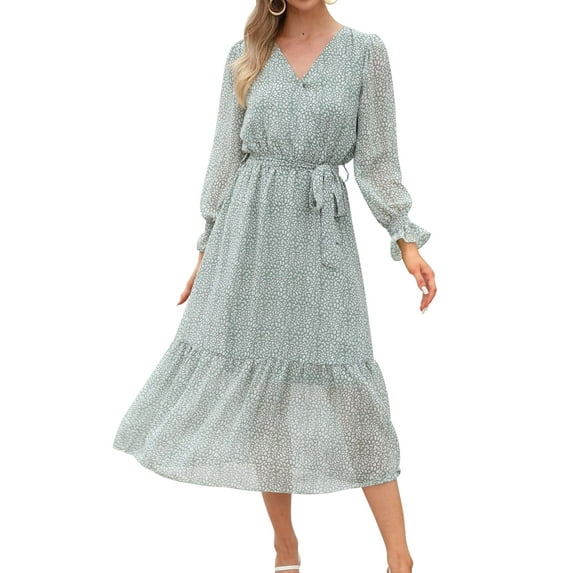 IWEMEK Womens Dress V Neck Poet Sleeve Loose Fitting Comfy Dresses A-line Flower Print Chiffon Flowy Casual Outfit