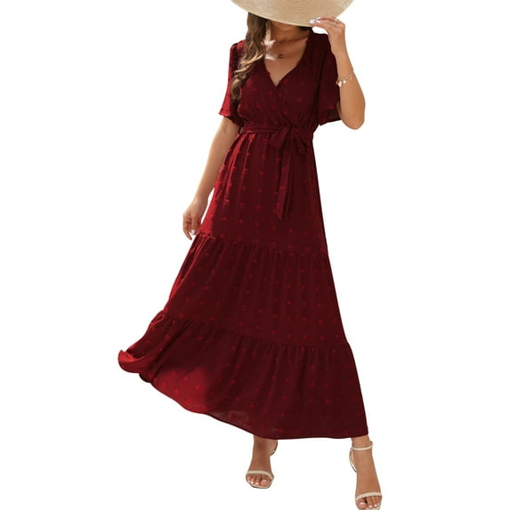 IWEMEK Womens Dress Wedding Guest Summer Dresses for Women 2025 Comfy Jacquard Cake Dress Solid Red Color Flowy Clothing