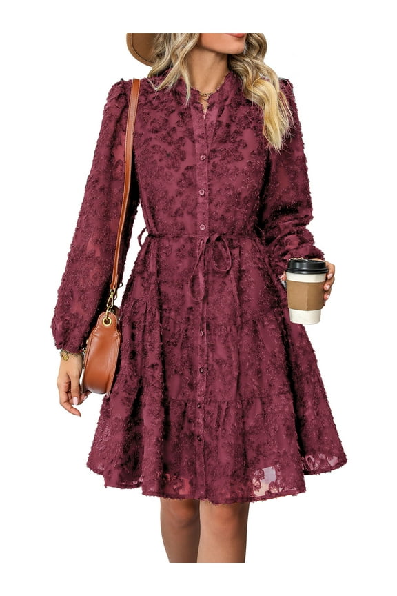 Womens Fall Dress Casual Long Sleeve V Neck Dresses Jacquard Elegant Solid Claret Outfit Tie Waist Comfy Clothes