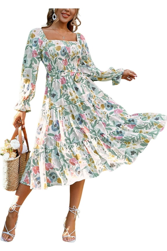 Womens Fall Dress Casual Square Neck Wedding Guest Dresses Loose Fitting Cuff Sleeve Young Adult Flower Clothes