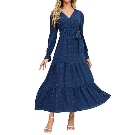 IWEMEK Womens Maxi Dress V-Neck Plus Size Party Dresses Pom Pom Comfy Wrap Dress Plain Blue Flowy Fall Casual Dress