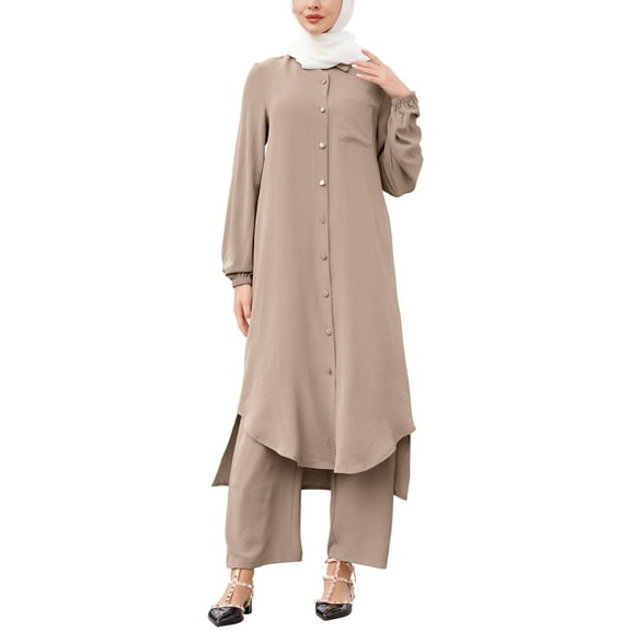 IWEMEK Womens Muslim Suits Casual Fall Kaftan Comfy Abaya 2 Pieces Sets for Women Arabian Prayer Eid Suit khaki Outfits