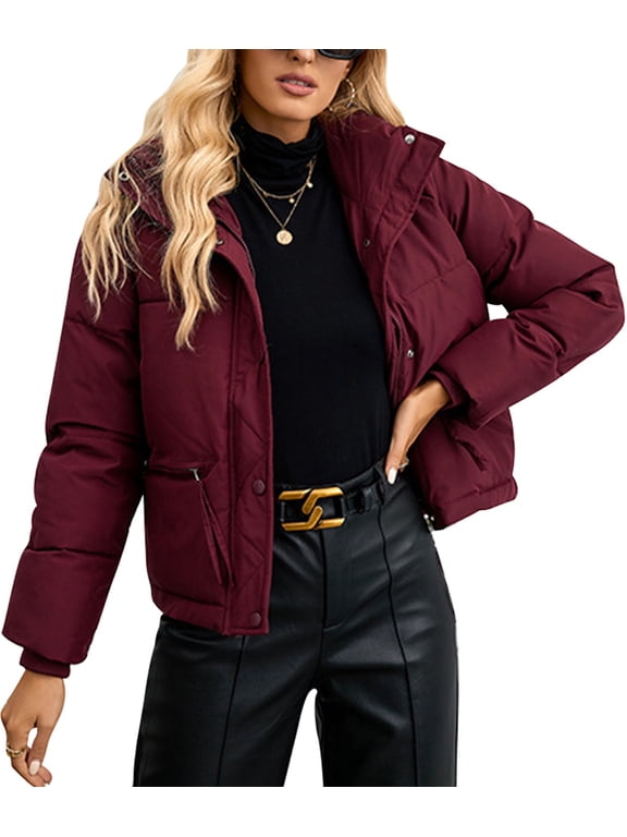 Womens Puffer Jackets Fall Coat for Women Going Out Baggy Outerwear Workout Warm Snow Jacket High Collar Red Coats