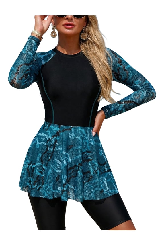 Womens Split Two-Piece Swimsuit Rash Guard Long Sleeve Swimdress and Board Shorts Breathable Swimwear Size S