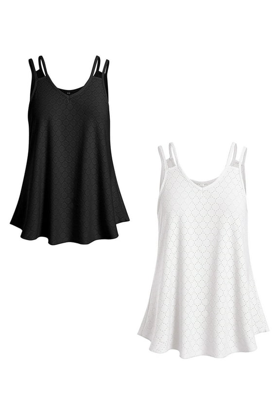 Womens Tank Top Spaghetti Strap Hollow Out Cropped Going Out LIghtweight Swing Vest Black and White (2 Packs)