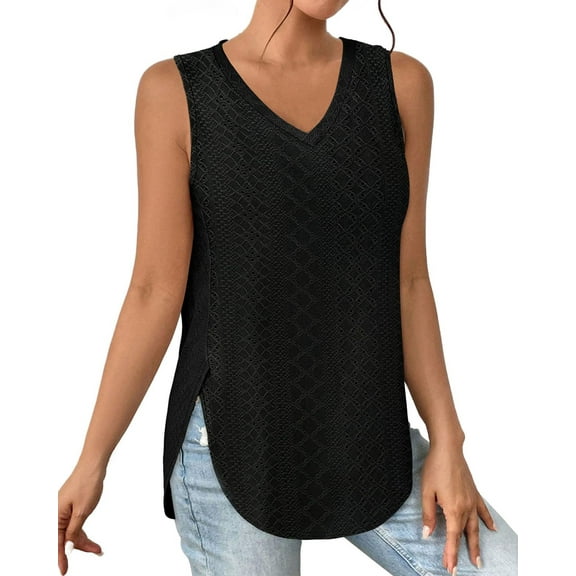 IWEMEK Womens Top Casual Trendy Sleeveless Tunics Tops Leisure Comfy V Neck Blouse Black Eyelet Diamond Pattern Tank Top