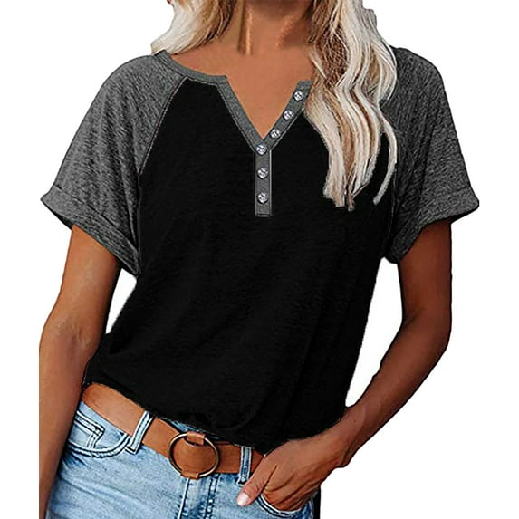 IWEMEK Womens Top Raglan Short Sleeve Henley Neck Tshirt for Women Loose Fit Ctue Tunics Tops Fashion Chic Black Tees