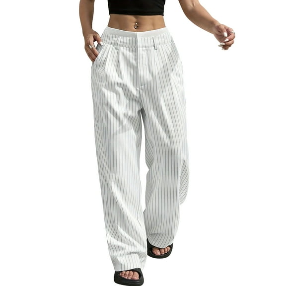 IWEMEK Womens White Pants Baggy Mid-rise Pants Loose Straight Leg Trousers Work Office Business Suit Size L