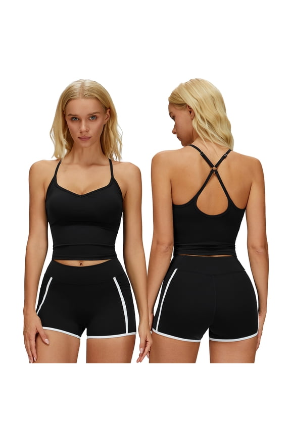 Womens workout set 2 piece Adjustable Spaghetti Straps Top and High waist Shorts for Pilates, yoga, gym