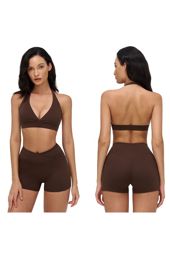 Workout sets for women Backless Halter Sports Bra and Cross-over Shorts with Pockets for gym,Yoga,Pilates XL Brown