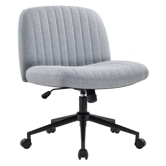 IWMH Armless Task Office Chair with Wheels, Cross Legged Wide Seat Desk Chair, Gray Fabric Upholstered Swivel Vanity Chair, For All Ages