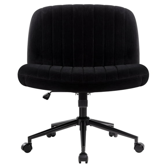 IWMH Ergonomic Armless Task Office Chair with Wheels, Cross Legged Wide Seat Desk Chair, Black Velvet Upholstered Swivel Vanity Chair, for All Ages