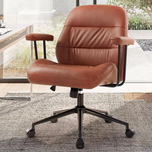 IWMH Home Office Chair, PU Leather Office Chair with Removable Armrests, Mid-Century Modern Desk Chairs with Lumbar Support, Ergonomic Executive Task Chairs, Height Adjustable (Brown)