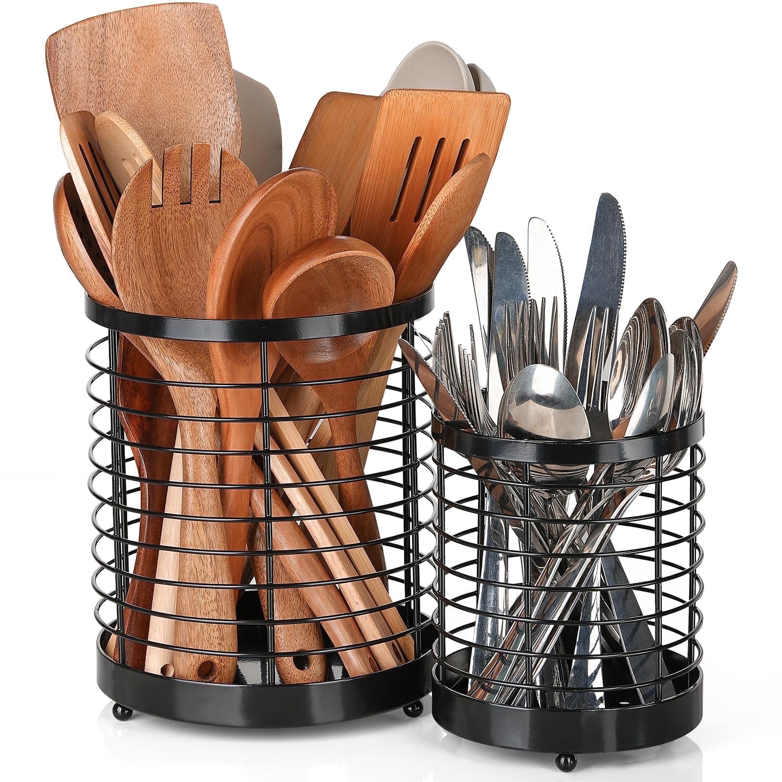 IWNTWY Utensil Holder, 2 Pack 7.7" + 6" Stainless Steel Large Cooking Utensil Crocks Organizer for Countertop