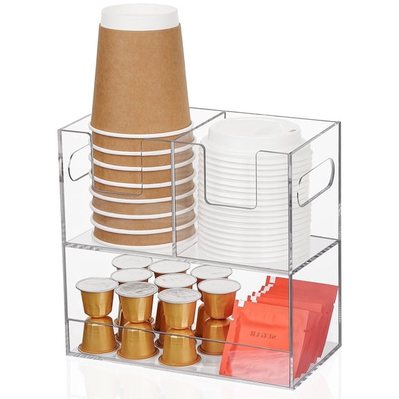IWNTWY Coffee Cup and Lid Holder for Countertop, 2-Tier Acrylic Cup Dispenser, Coffee Bar Station Organizer for Breakroom, Office, Home