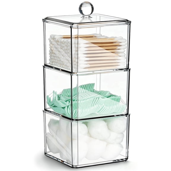 IWNTWY 3 Tiers Qtip Holder, Stackable Square Acrylic Cotton Swab Holder Bathroom Swab Dispenser with Lid