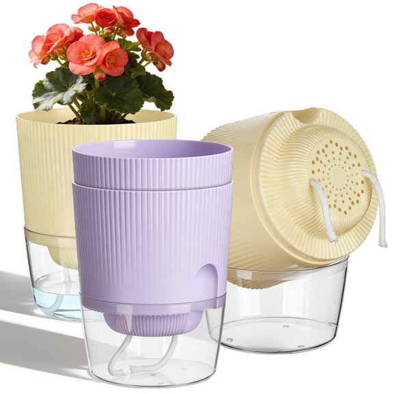 IWNTWY 5.7 inch Self Watering Planters Set of 4 for Indoor Plants, Plastic Plant Pots with Wick Rope for African Violet, Monstera, Succulents