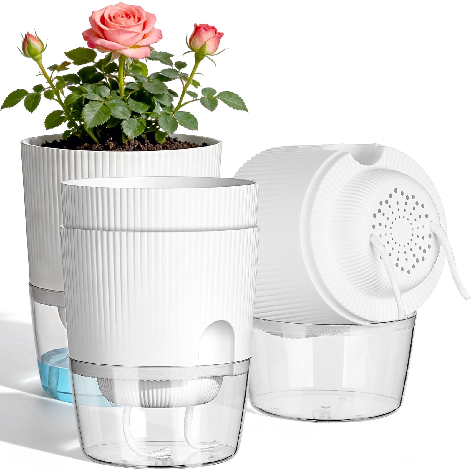 IWNTWY 5.7" Self Watering Pots, 4 Pack Plastic Planters with Deep Reservoir and Wicking Rope for Indoor Outdoor Plants