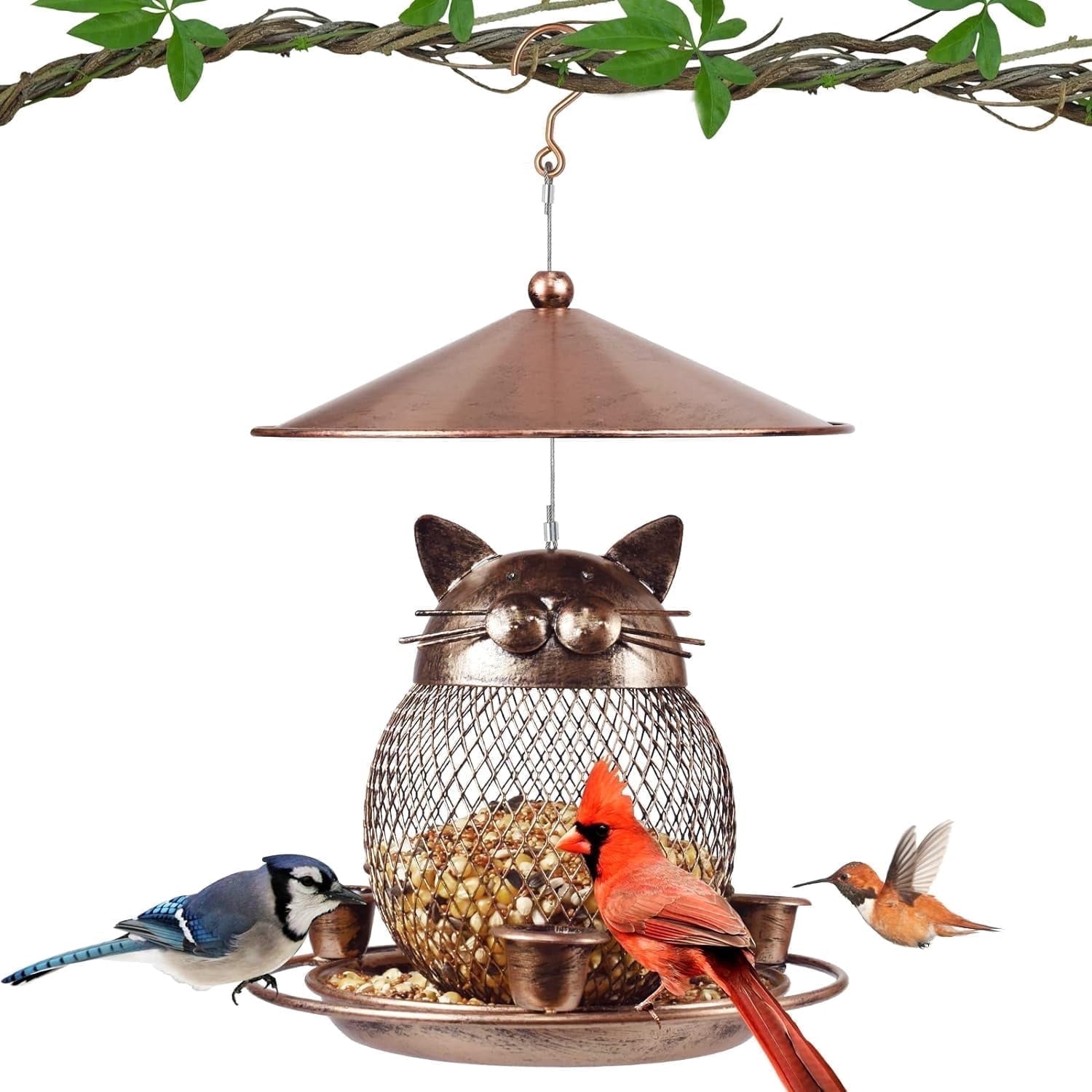 IWNTWY Metal Hanging Bird Feeder, Cat Shaped Wild Birdfeeder for Outside Garden Yard