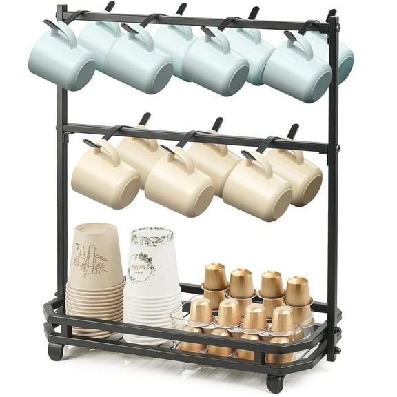 IWNTWY Coffee Mug Holder for Countertop, 14 Hooks Coffee Cup Rack, 2 Tier Metal Mug Holder Stand with Storage Base