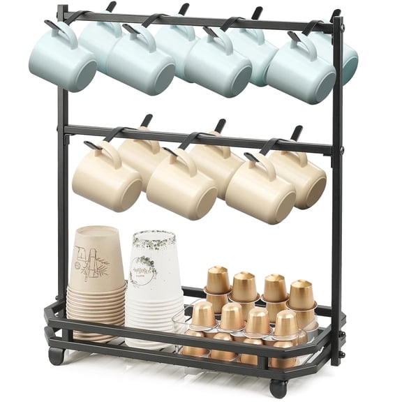 IWNTWY Coffee Mug Holder for Countertop, 14 Hooks Coffee Cup Rack, 2 Tier Metal Mug Holder Stand with Storage Base