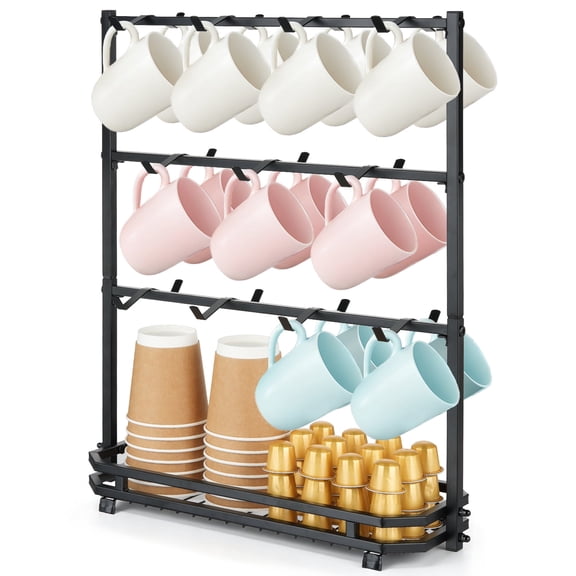 IWNTWY Coffee Mug Holder for Countertop, 22 Hooks 3 Tier Metal Mug Tree Holder with Storage Base, Coffee Cup Holder