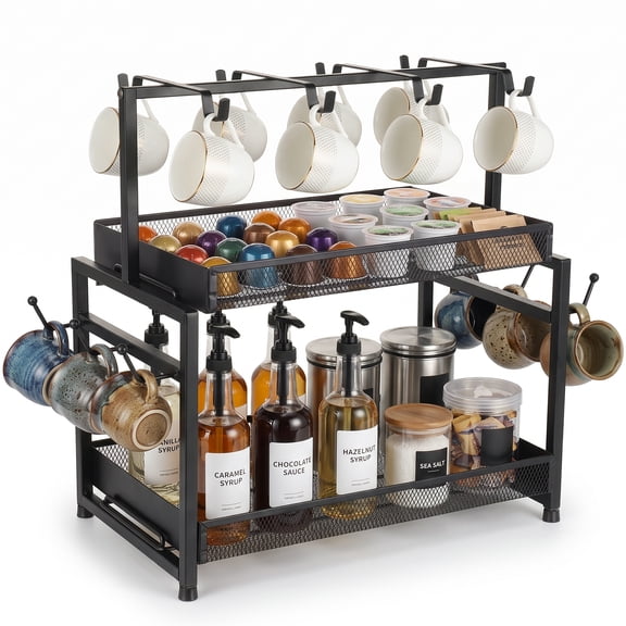 IWNTWY Large Mug Holder, 3 Tier Metal Mug Rack with 14 Hooks, Kitchen Office Coffee Cup Holder for Countertop