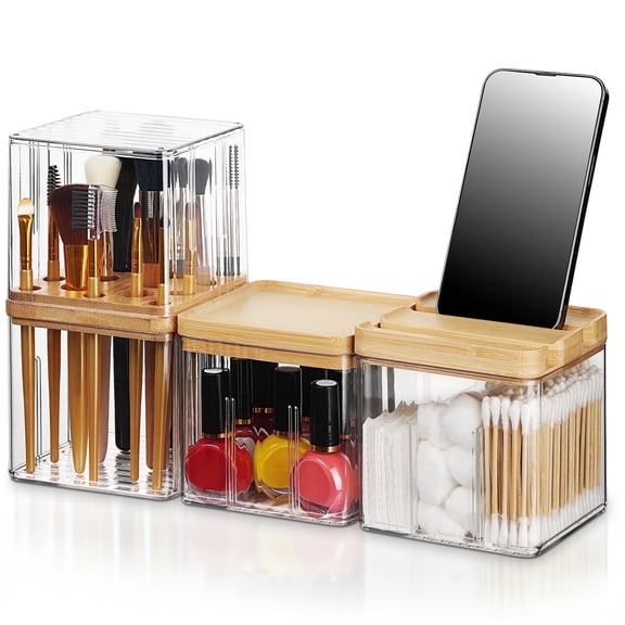 IWNTWY 3-Pack Makeup Organizer Set, Makeup Brush Holder Comb with Lids Bathroom Vanity Counter Storage for Eyeliners Lip Liners Qtips Cotton Pad