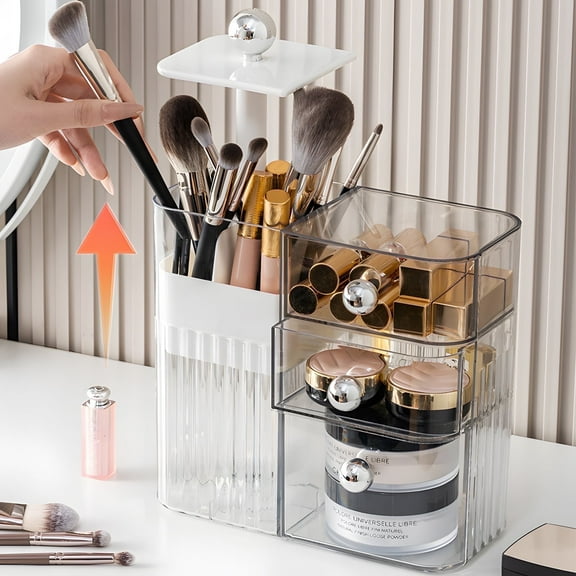 IWNTWY 3 Tiers Makeup Organizer with Press-Pop Makeup Brush Holder, Bathroom Counter Organizer with Drawers