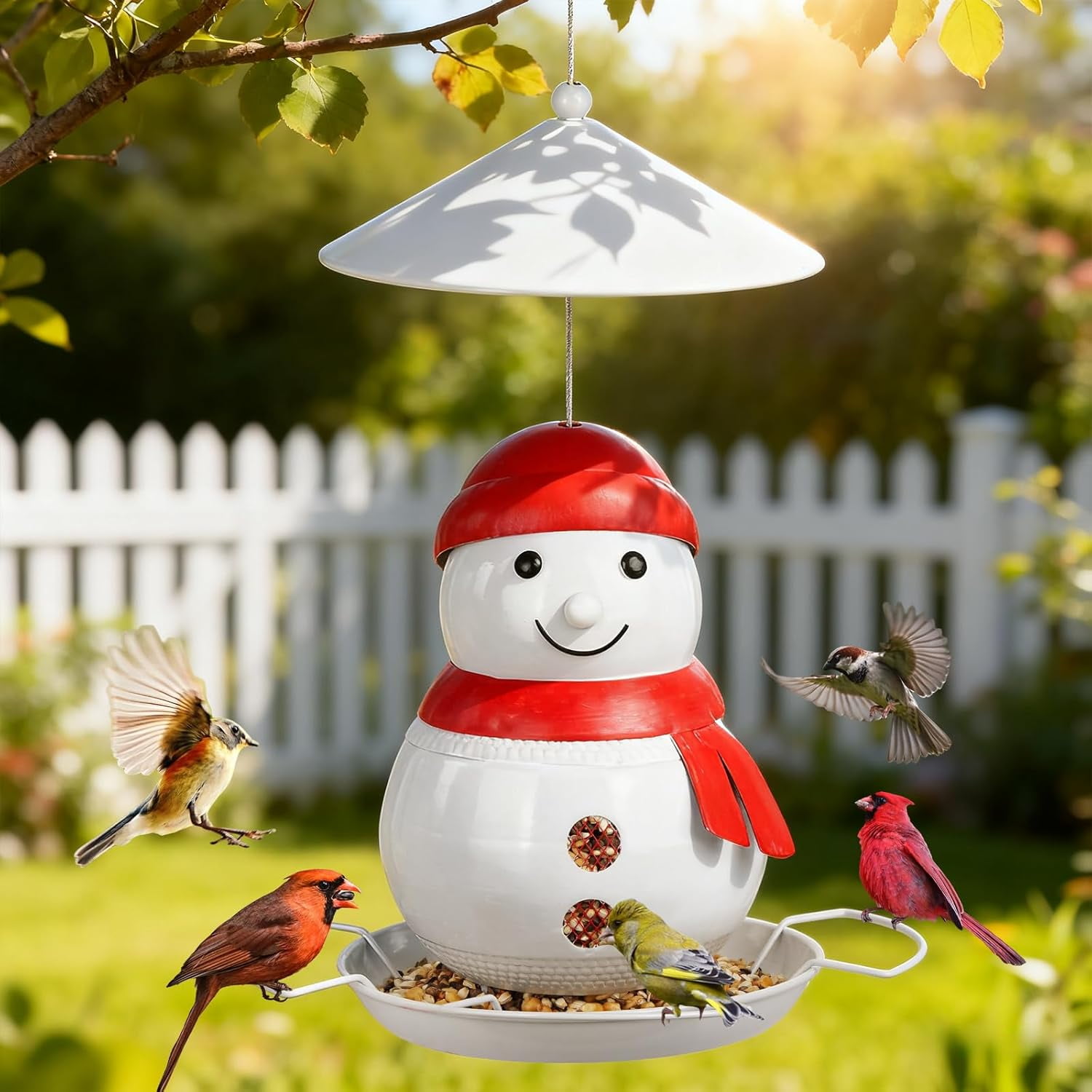IWNTWY Wild Bird Feeder for Outside Hanging, 4LB Capacity Heavy Duty Metal Snowman Birdfeeder with 4 Perches