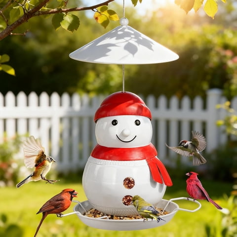IWNTWY Wild Bird Feeder for Outside Hanging, 4LB Capacity Heavy Duty Metal Snowman Birdfeeder with 4 Perches