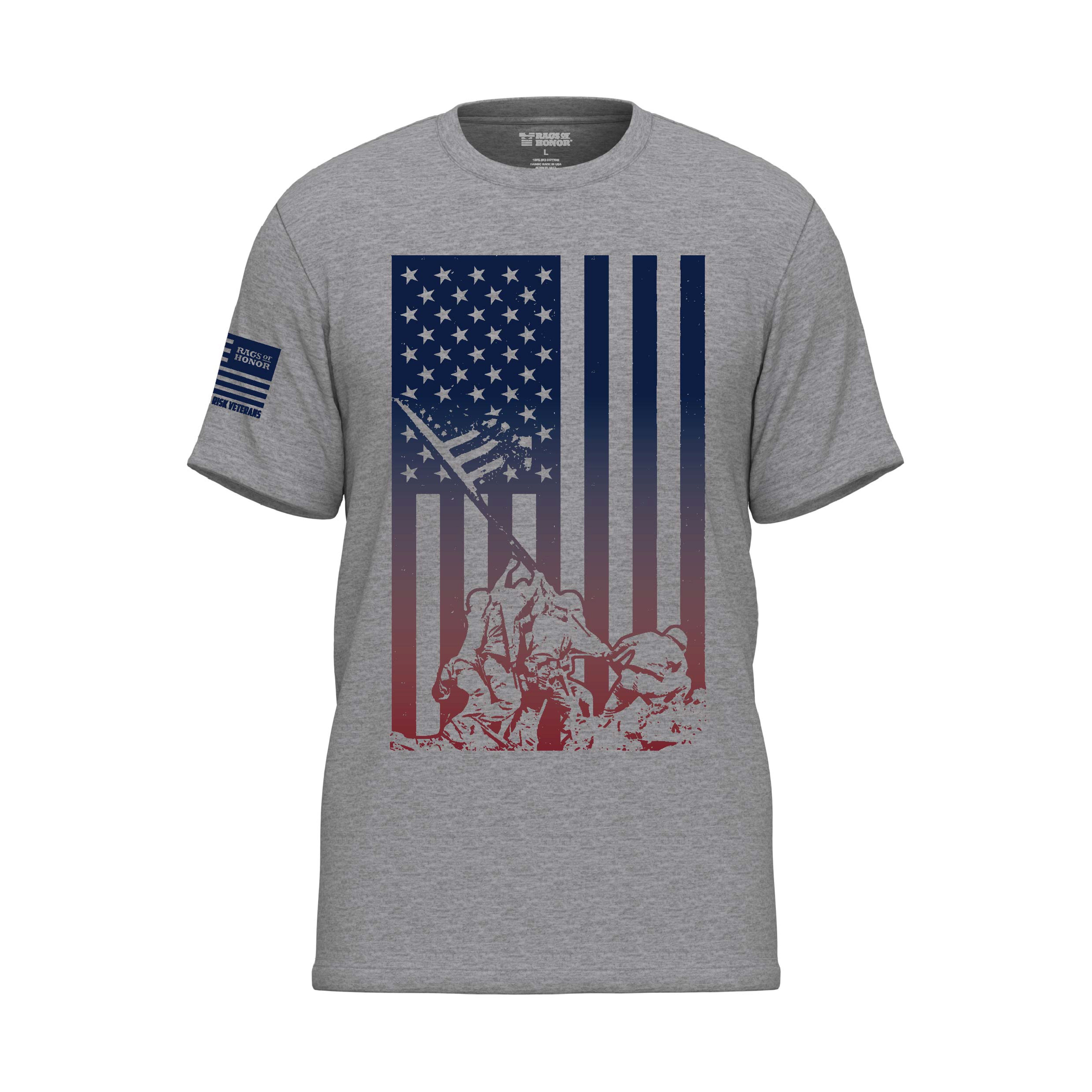 All Gender Short Sleeve Patriotic Red, White and Blue Gradient Flag with Iwo Jima Soldiers Graphic Tee Shirt, Mens Sizes S-5XL